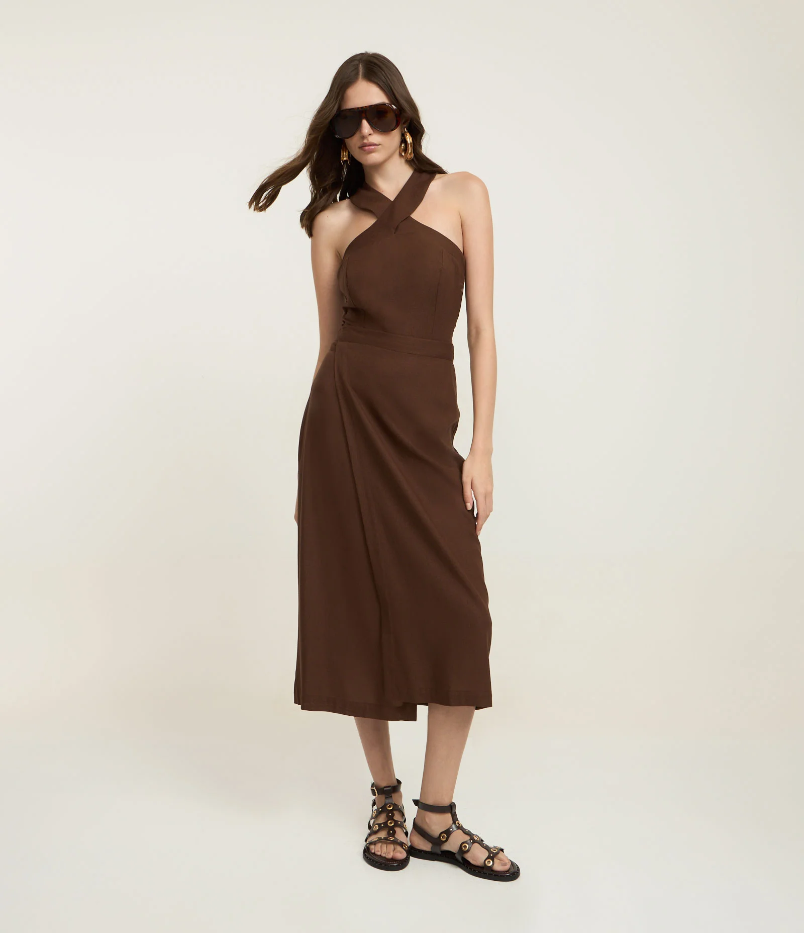 Saia New Midi em Viscolinho com Transpasse Frontal e Amarração Marrom 1