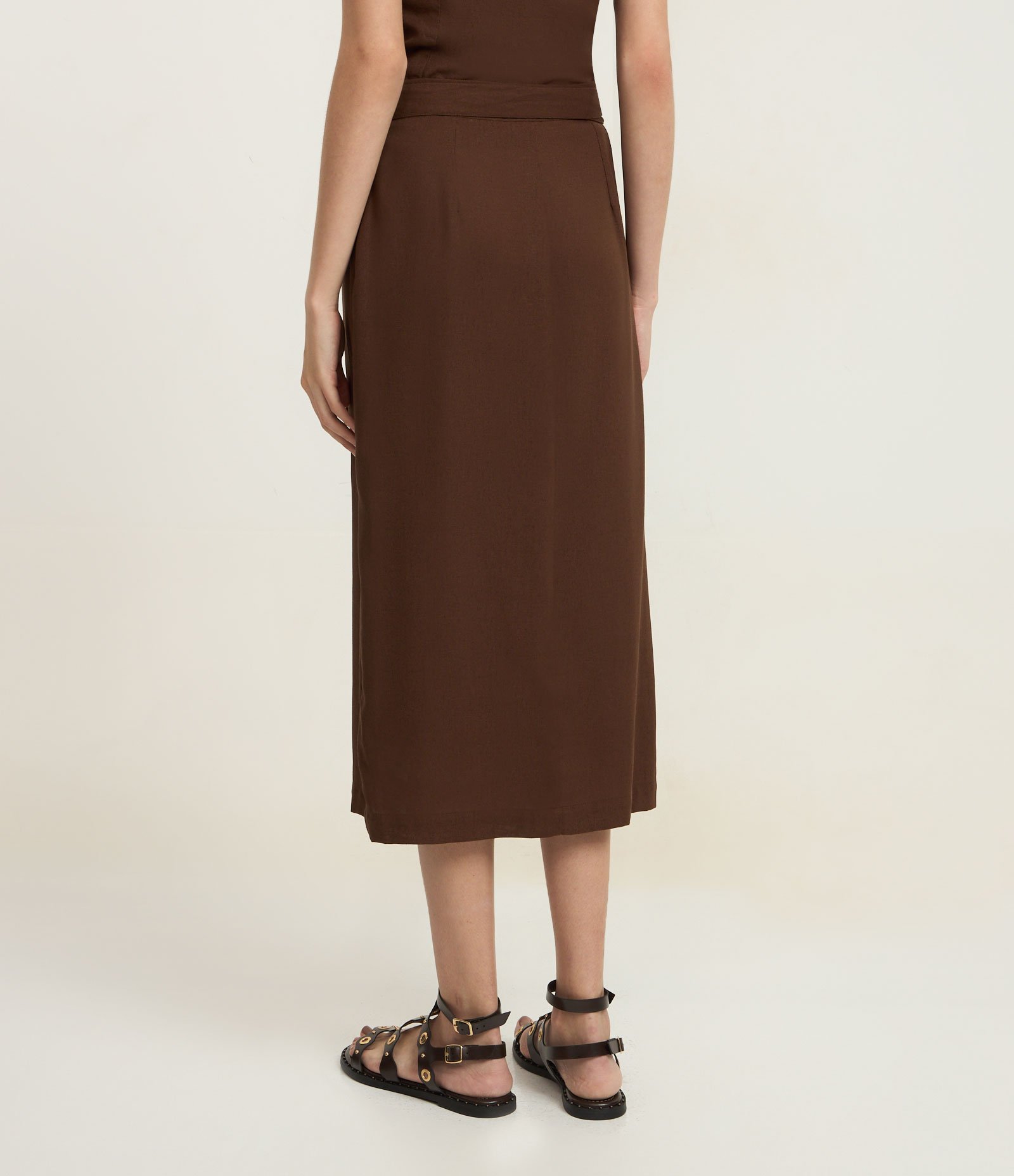 Saia New Midi em Viscolinho com Transpasse Frontal e Amarração Marrom 4