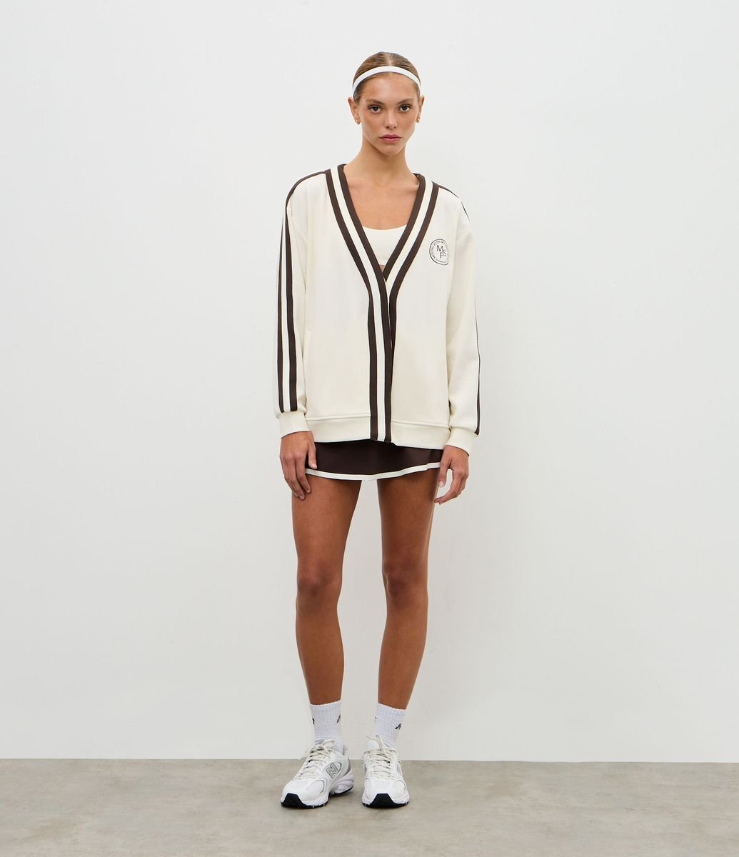 Cardigan Esportivo Oversized College com Listras Contrastantes Bege