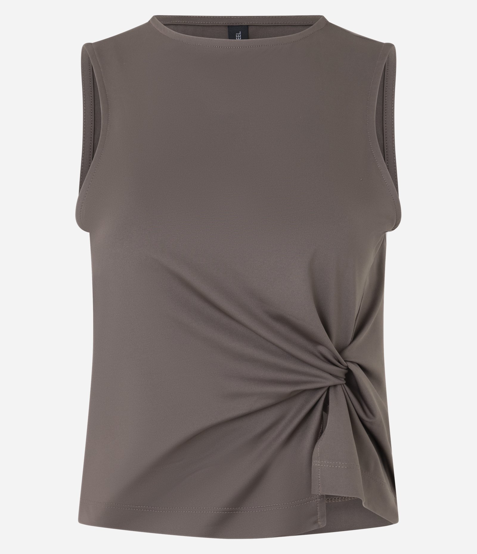 Blusa Regular em Helanca com Decote Canoa e Torção Lateral Marrom 1