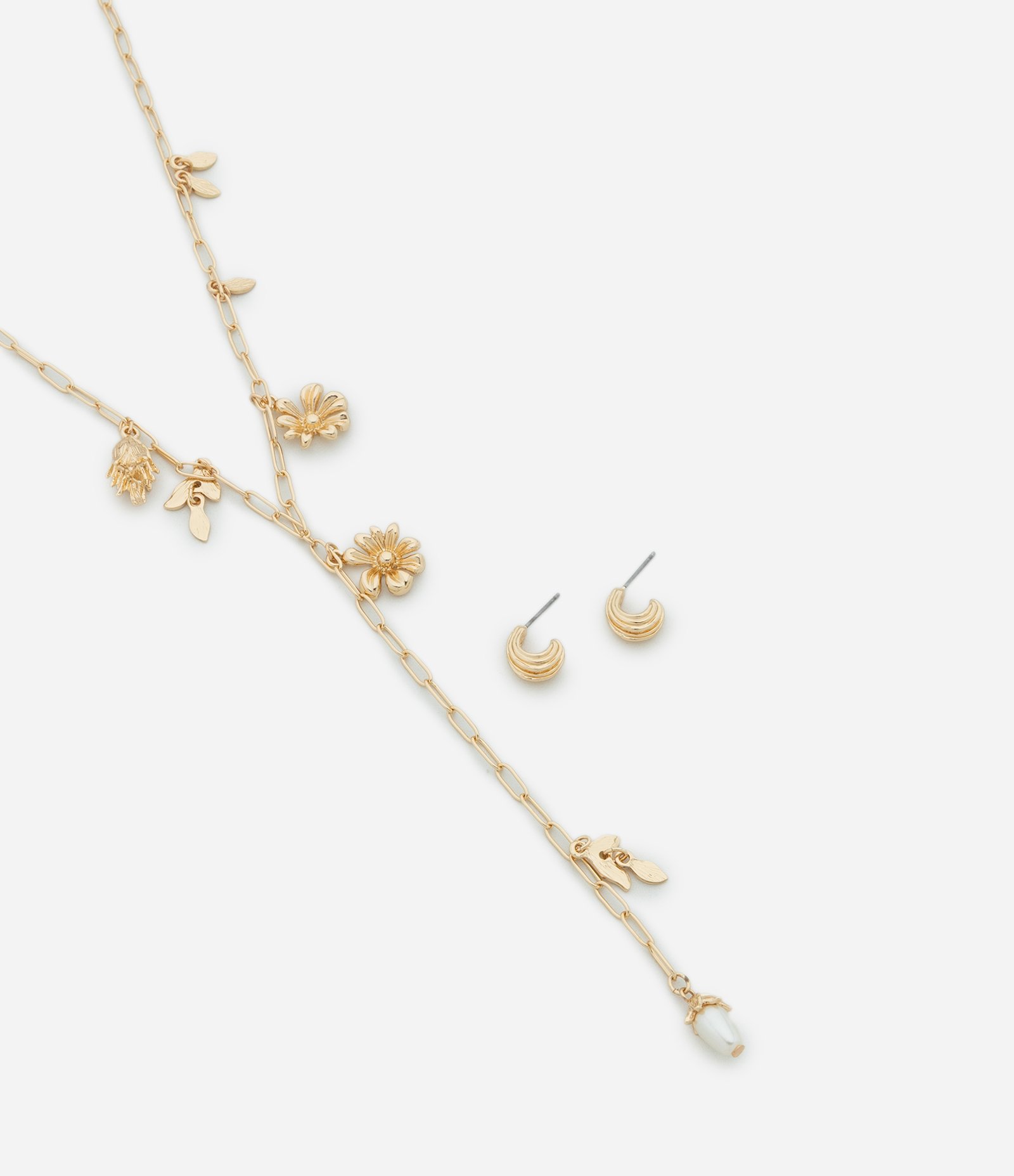 Conjunto de Colar e Brinco com Pingentes de Flores Dourado 1
