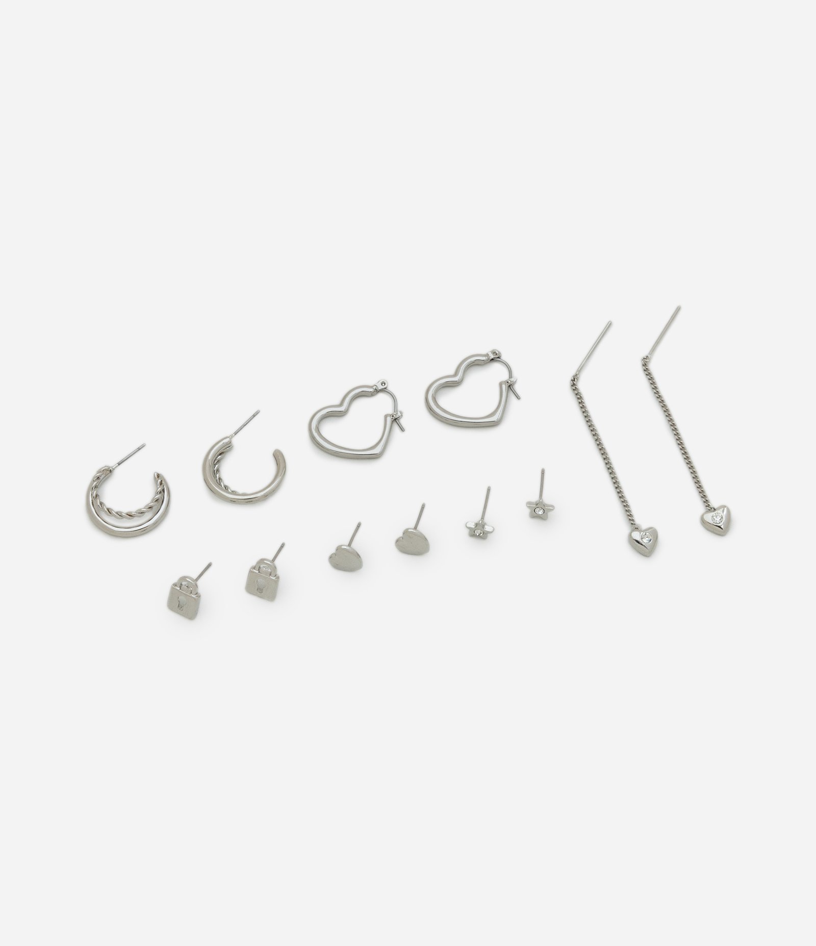 Kit 06 Brincos Metalizados Pequenos com Diferentes Formatos Prata 1