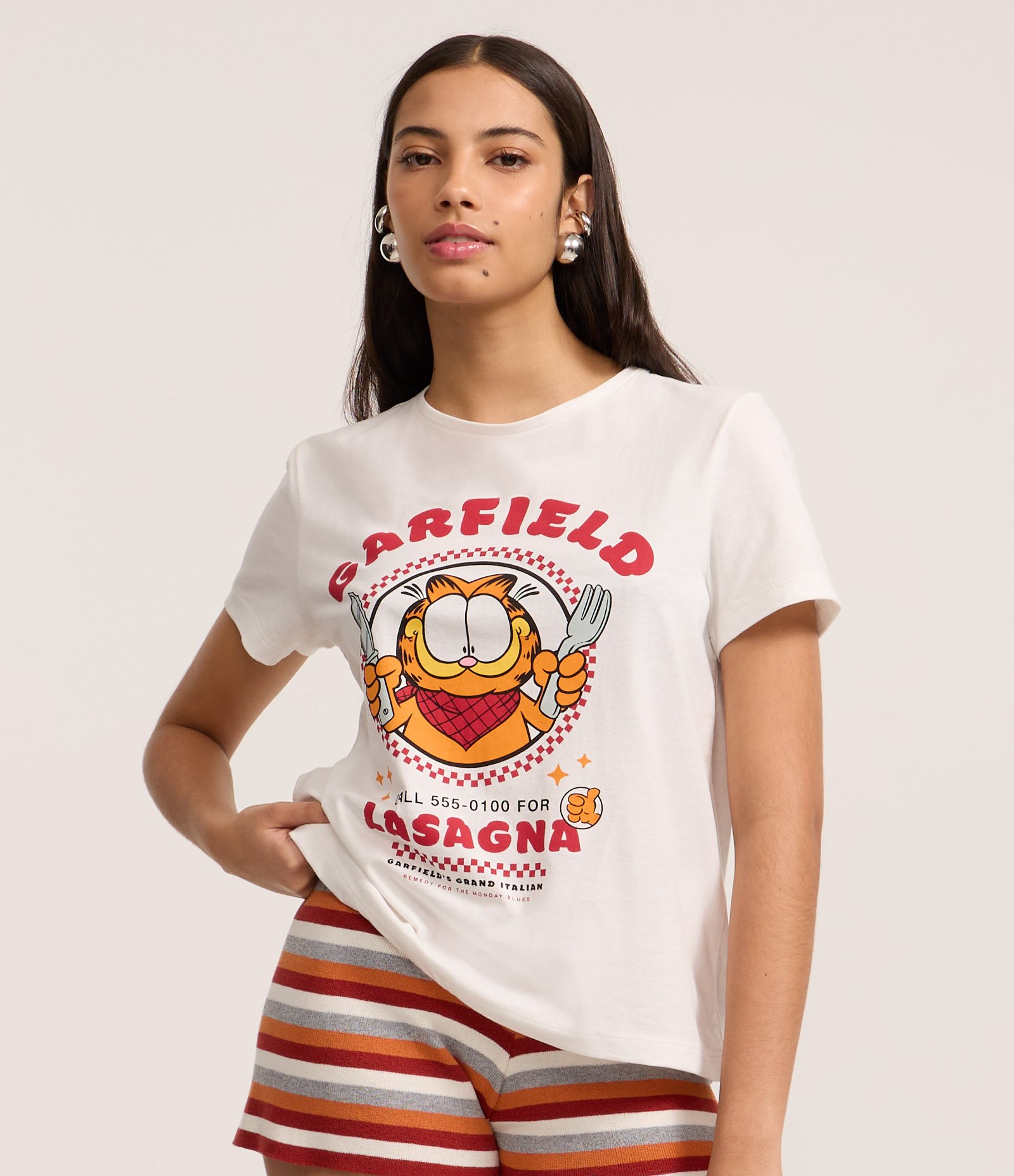 Camiseta em Algodão com Estampa Garfield Lasagna Branco 1