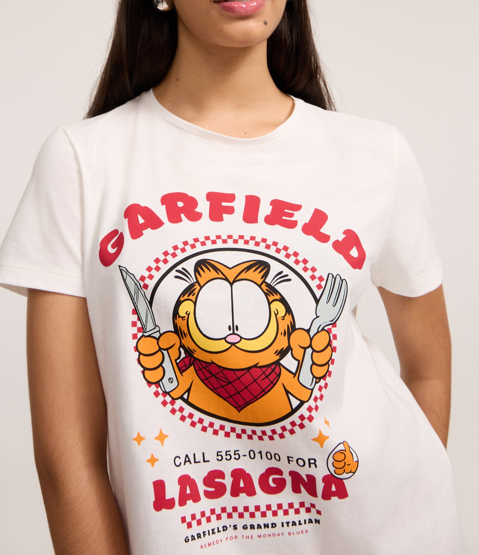 Camiseta em Algodão com Estampa Garfield Lasagna Branco 3
