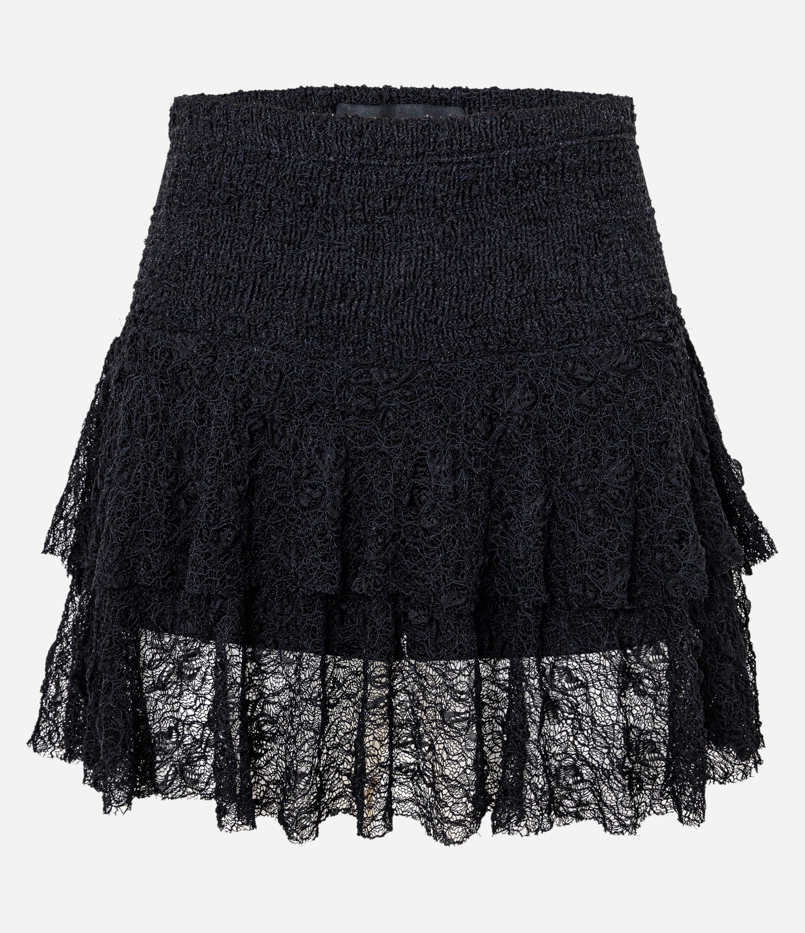 Short Saia em Renda com Textura e Babados Preto 5