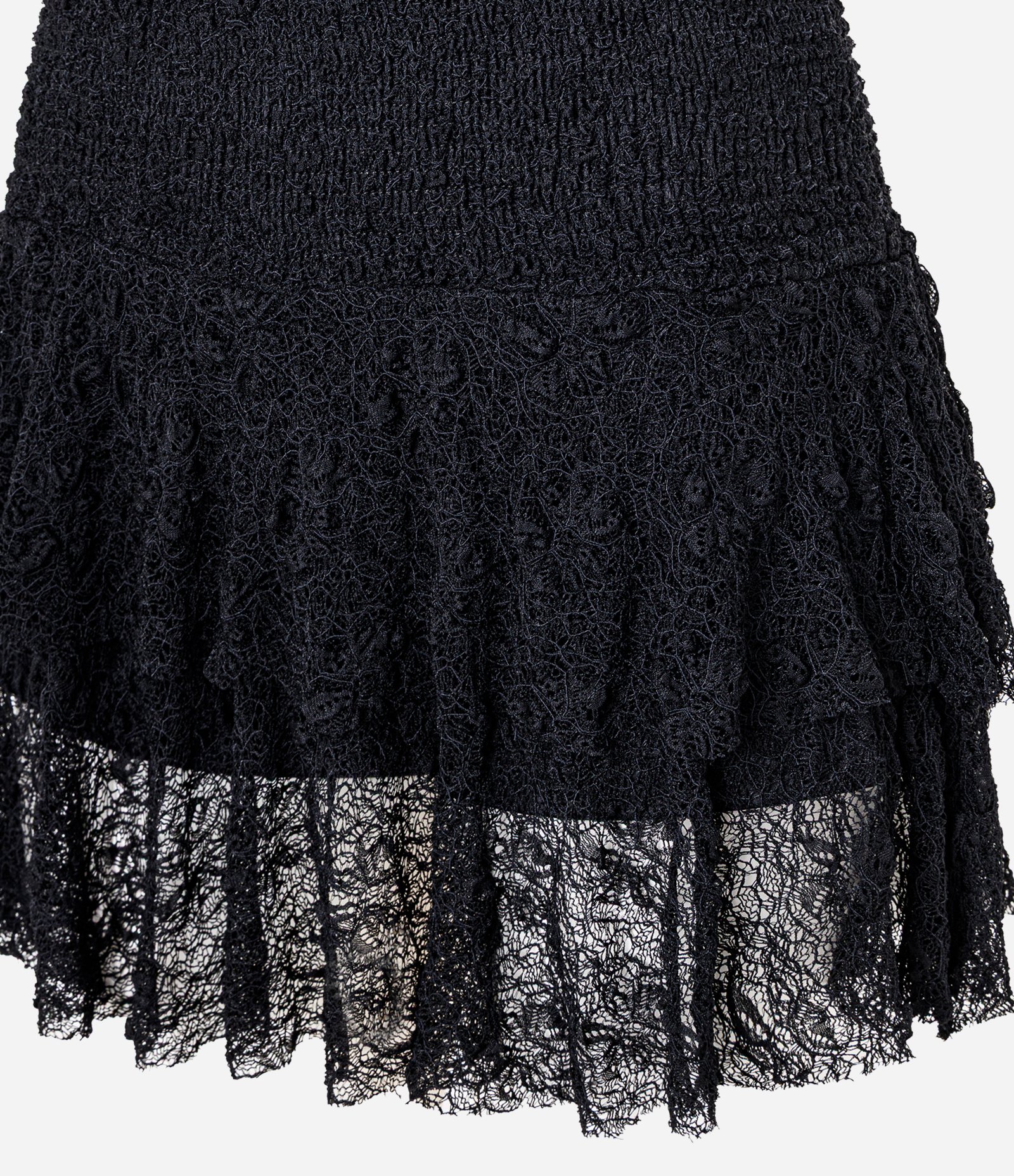 Short Saia em Renda com Textura e Babados Preto 6