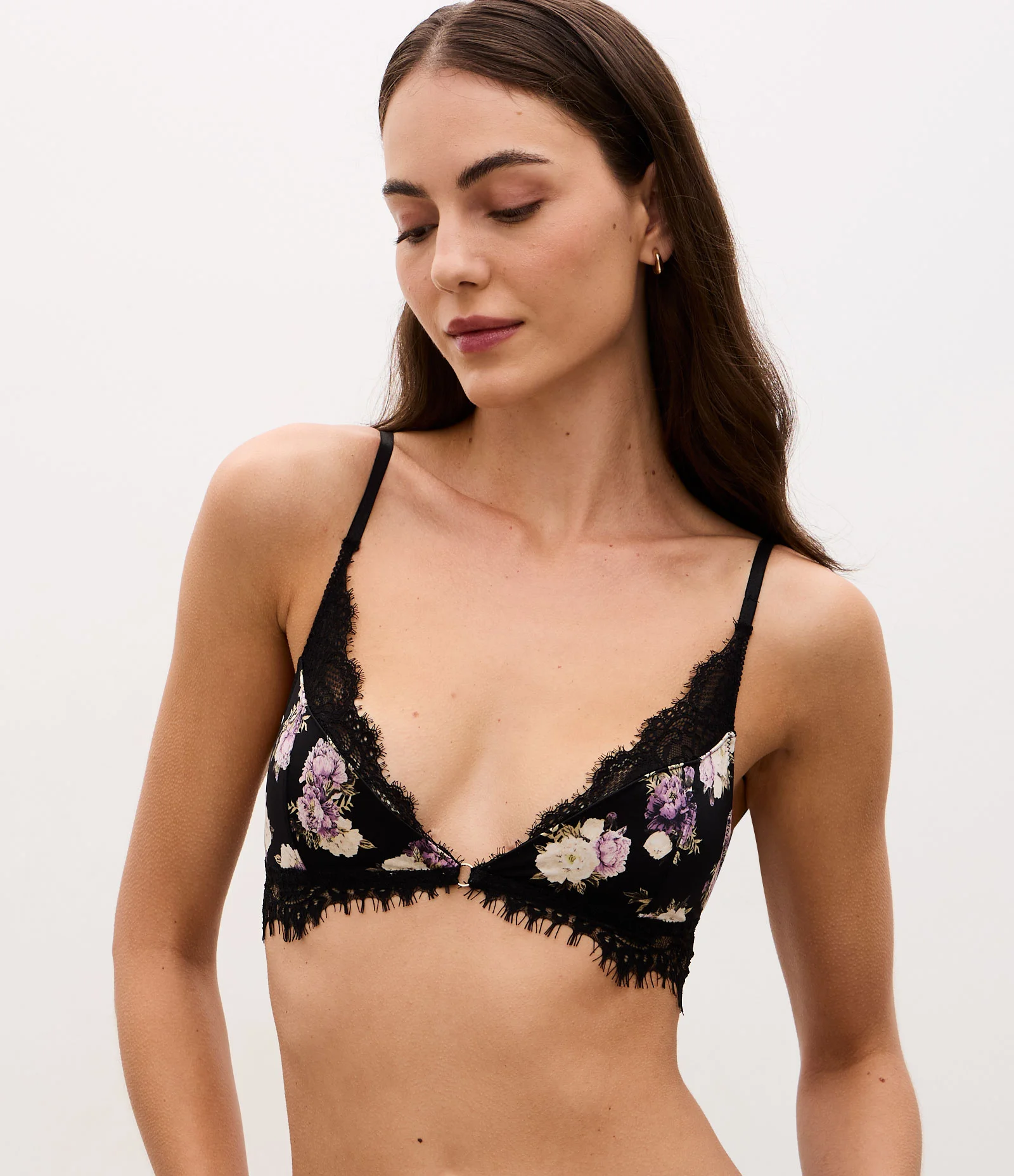 Sutiã Top em Microfibra com Detalhes em Renda e Estampa Floral Preto 1