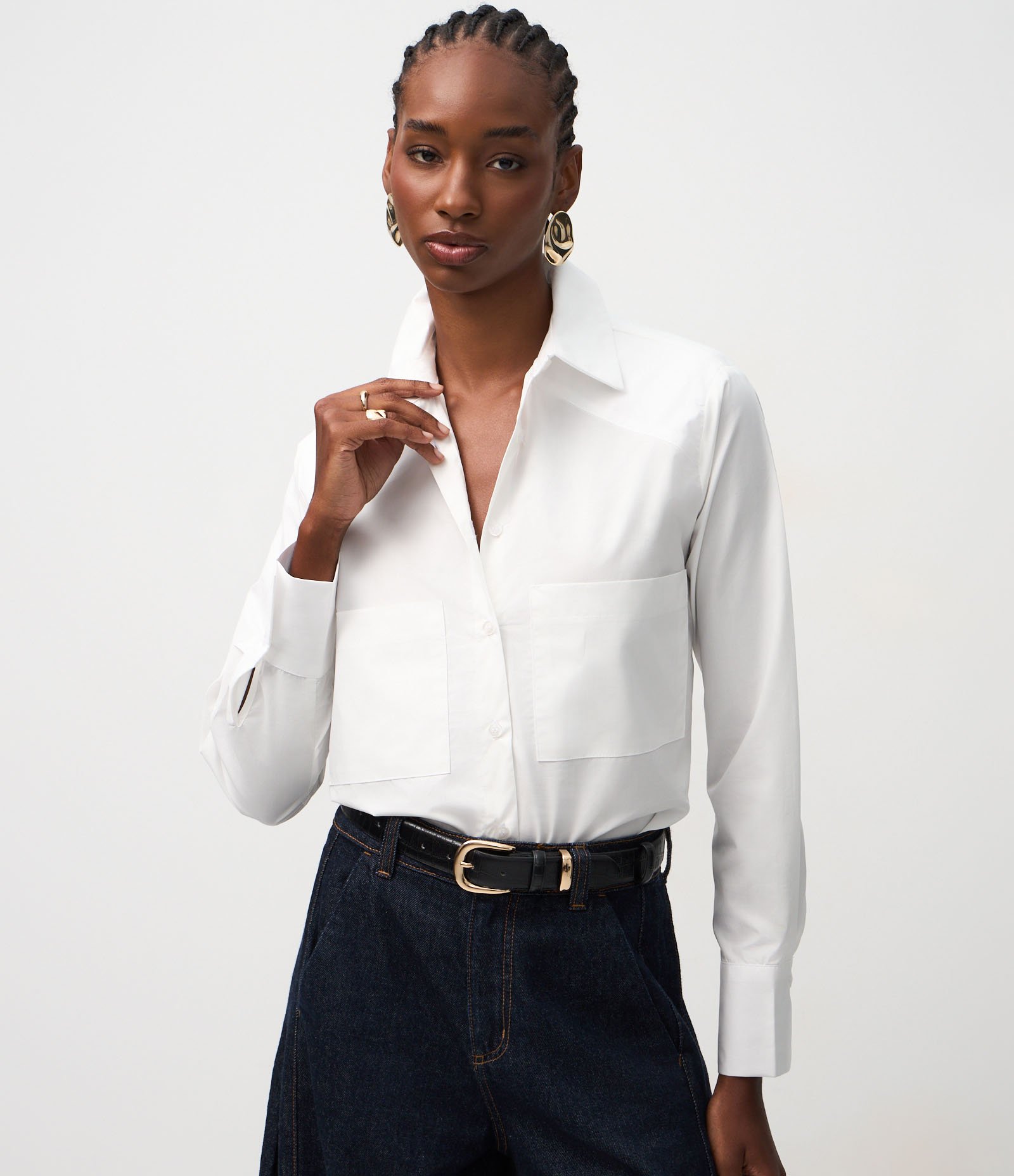 Camisa Manga Longa em Algodão com Bolsos Frontais Branco 1