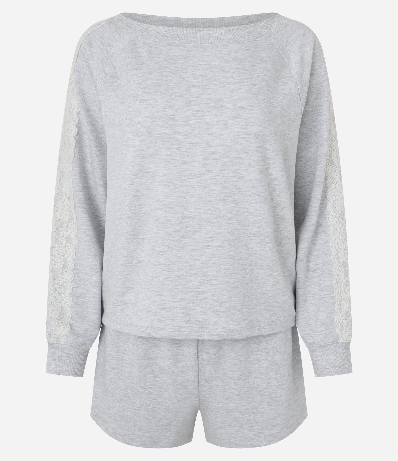 Pijama com Blusa Longa e Short Curto Detalhado em Renda Cinza 4