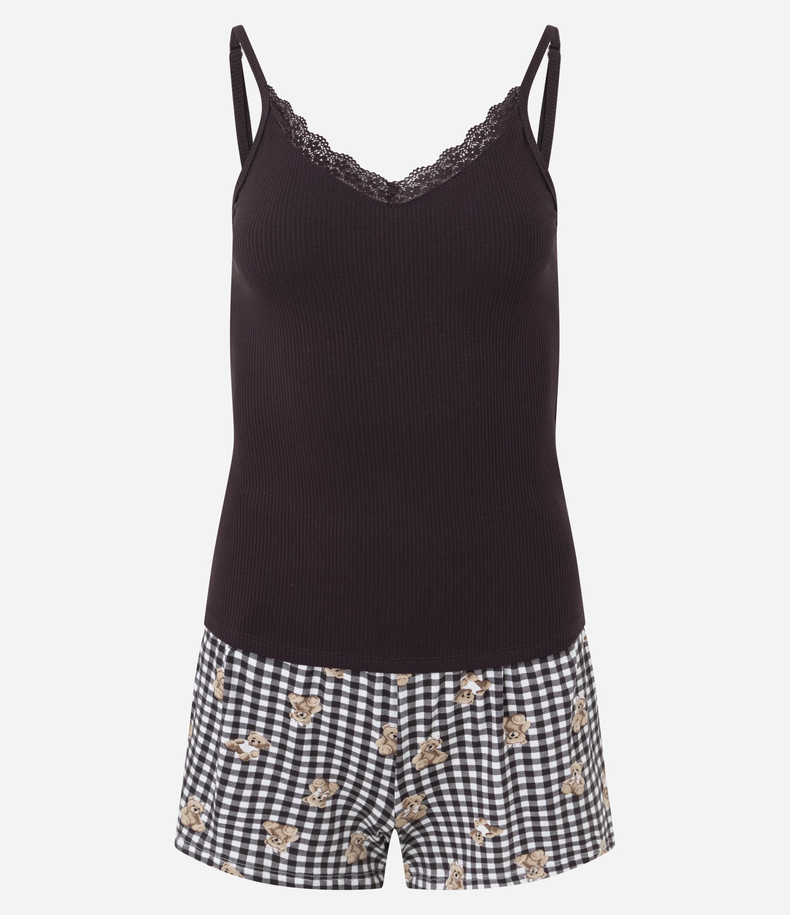Pijama Curto em Ribana com Short Estampa Xadrez e Ursinhos Marrom 3