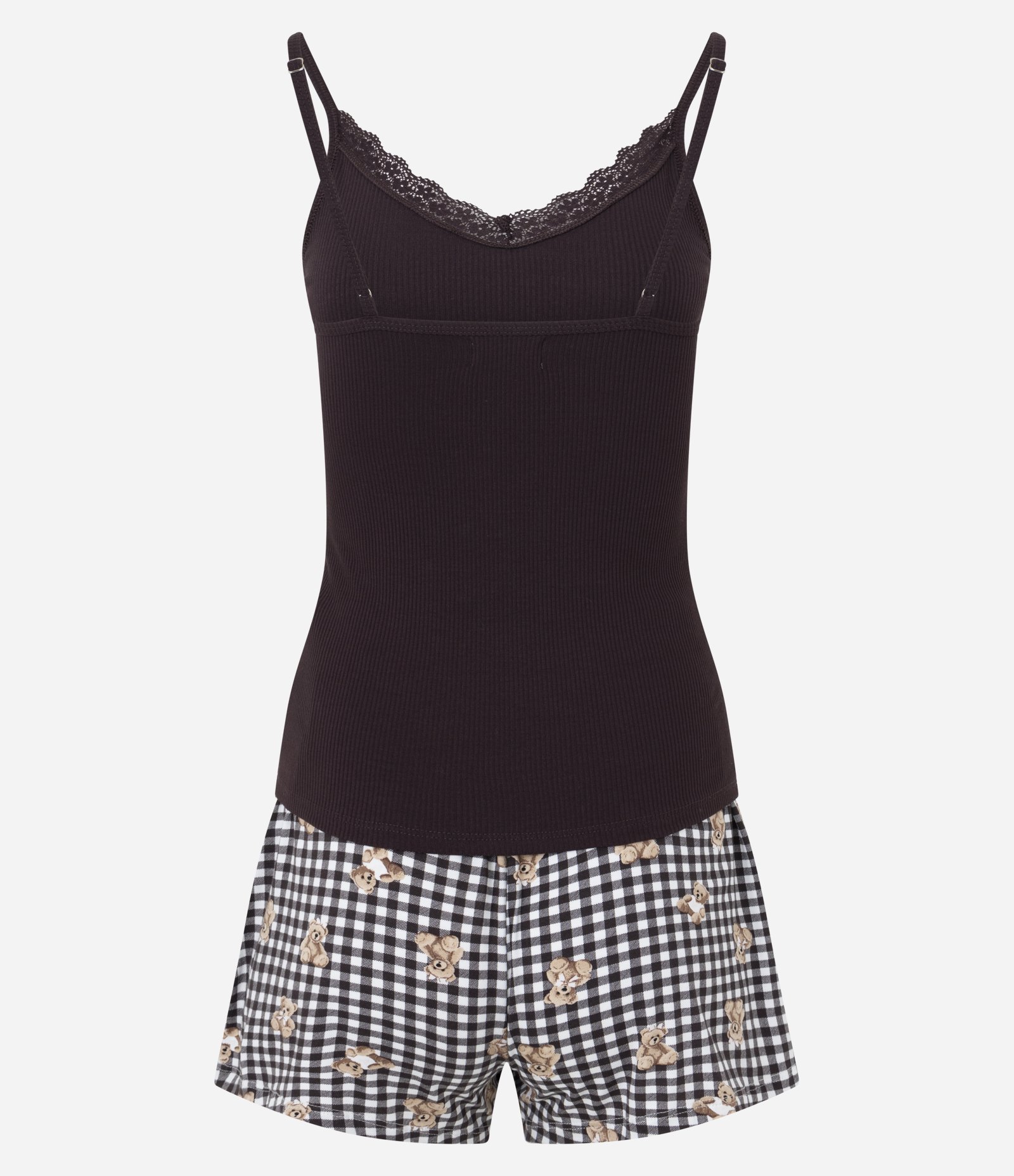 Pijama Curto em Ribana com Short Estampa Xadrez e Ursinhos Marrom 6