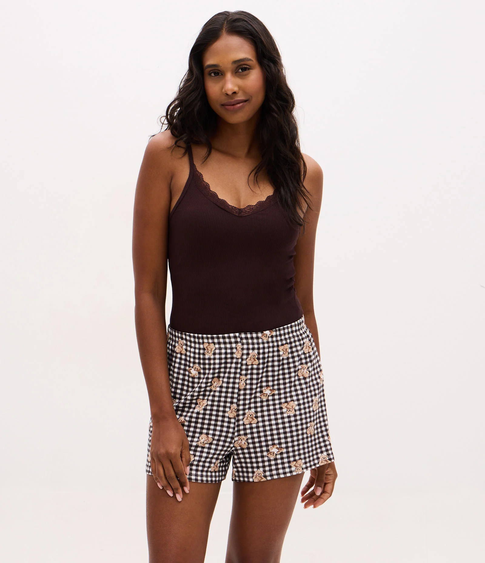 Pijama Curto em Ribana com Short Estampa Xadrez e Ursinhos Marrom 1