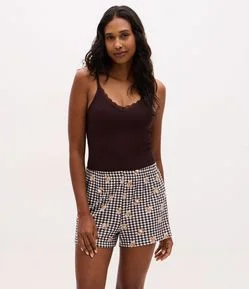 Pijama Curto em Ribana com Short Estampa Xadrez e Ursinhos