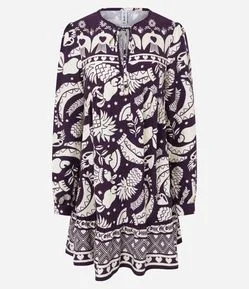 Vestido Evasê Curto em Viscose com Estampa Abstrata