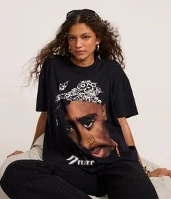 Camiseta T-Shirt  Ampla em Algodão com Estampa 2Pac