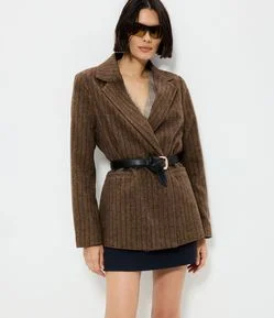 Blazer Alfaiatado em Polivelour com Listras e Botões
