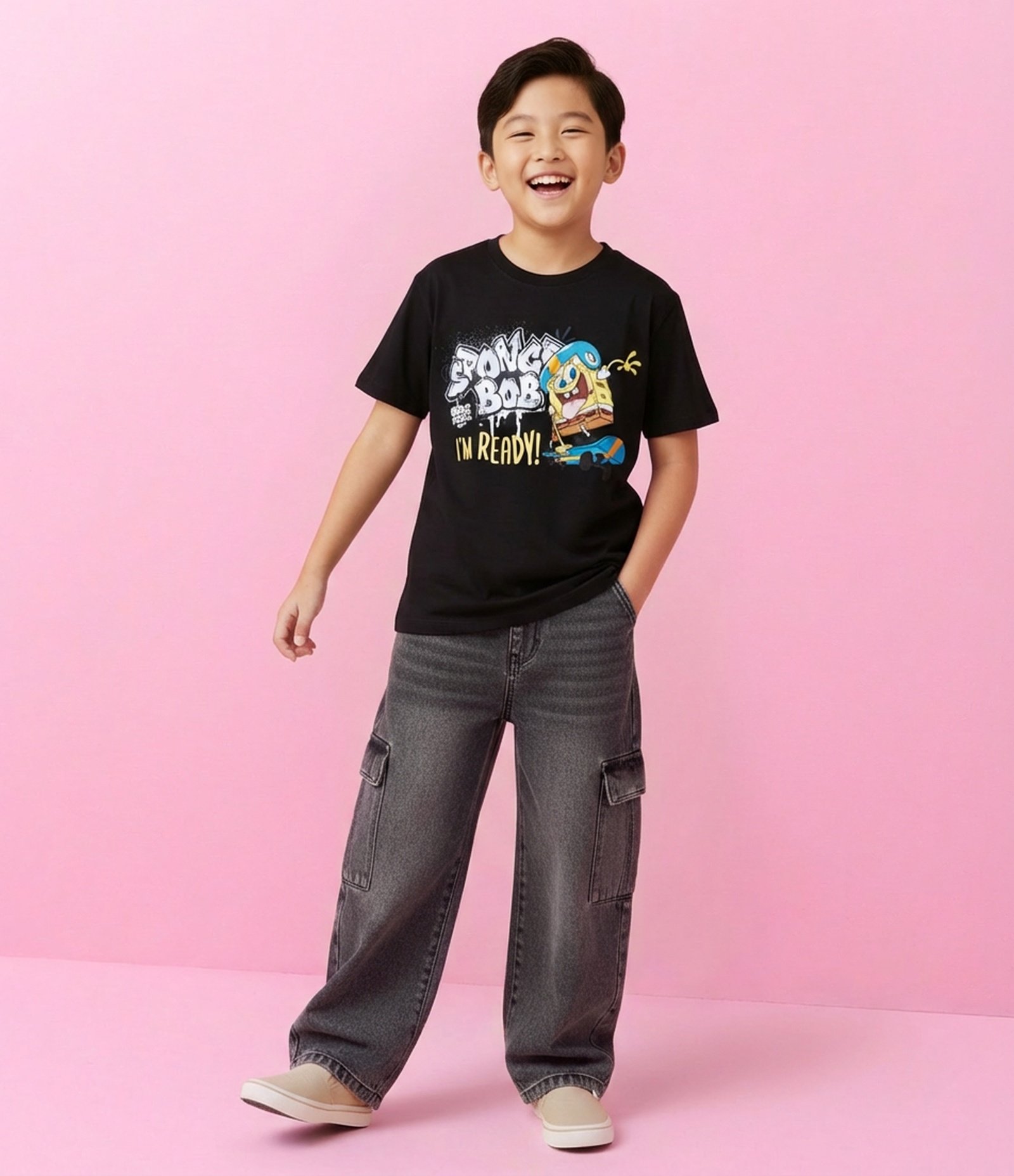 Calça Infantil Baggy em Jeans com Bolsos Cargo – Tam 5 a 14 Anos Cinza 1