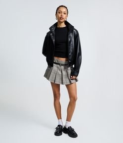 Short Saia Alfaiatado Xadrez Plissado com Cinto