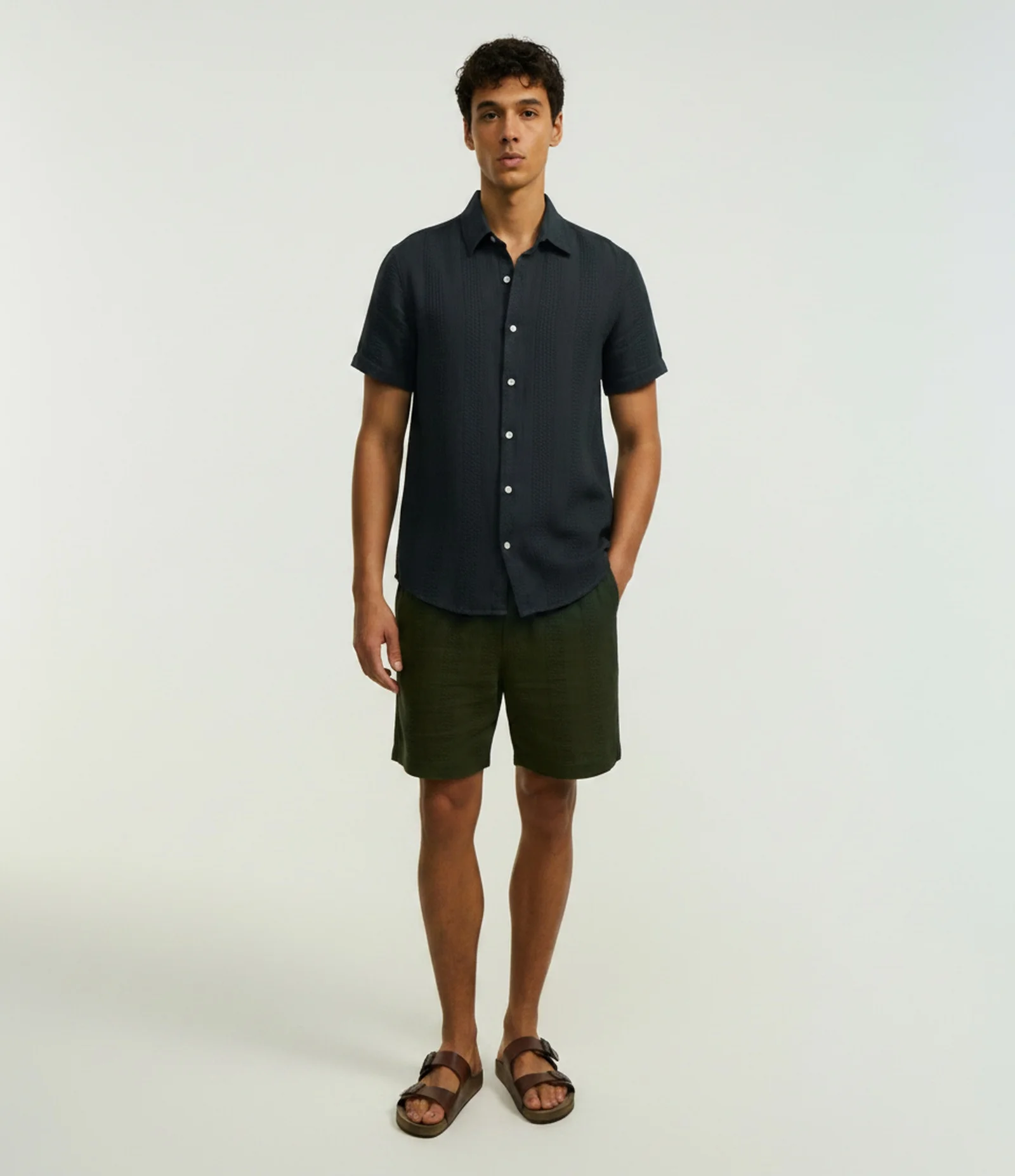 Camisa Regular em Algodão com Textura Quadriculada Vertical Preto 1