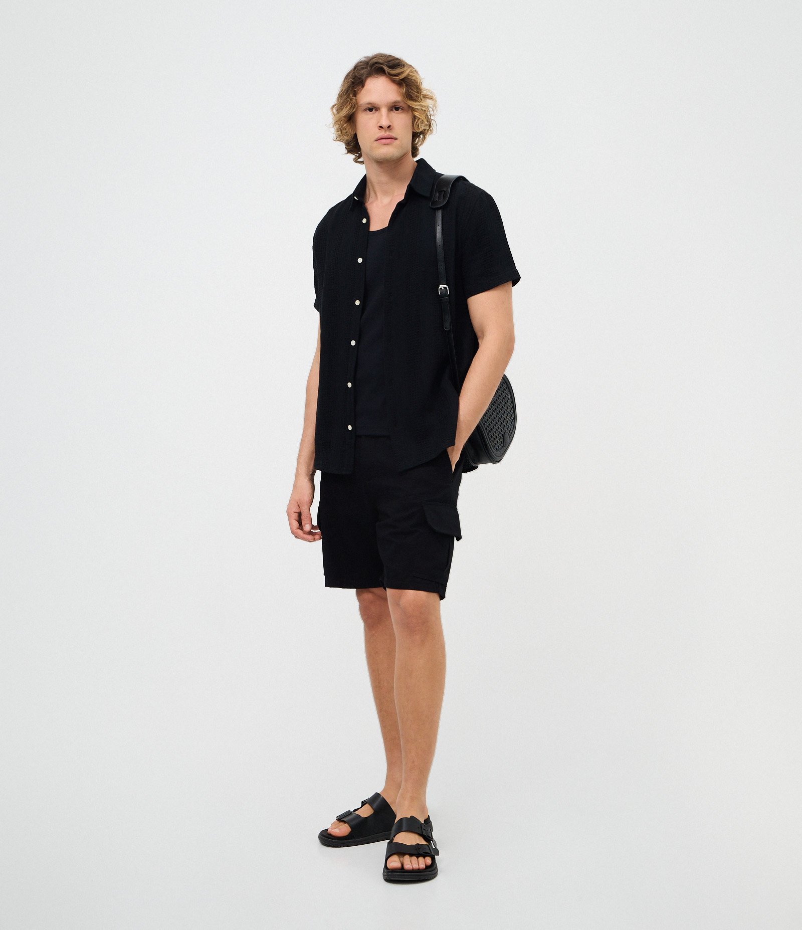 Camisa Regular em Algodão com Textura Quadriculada Vertical Preto 3
