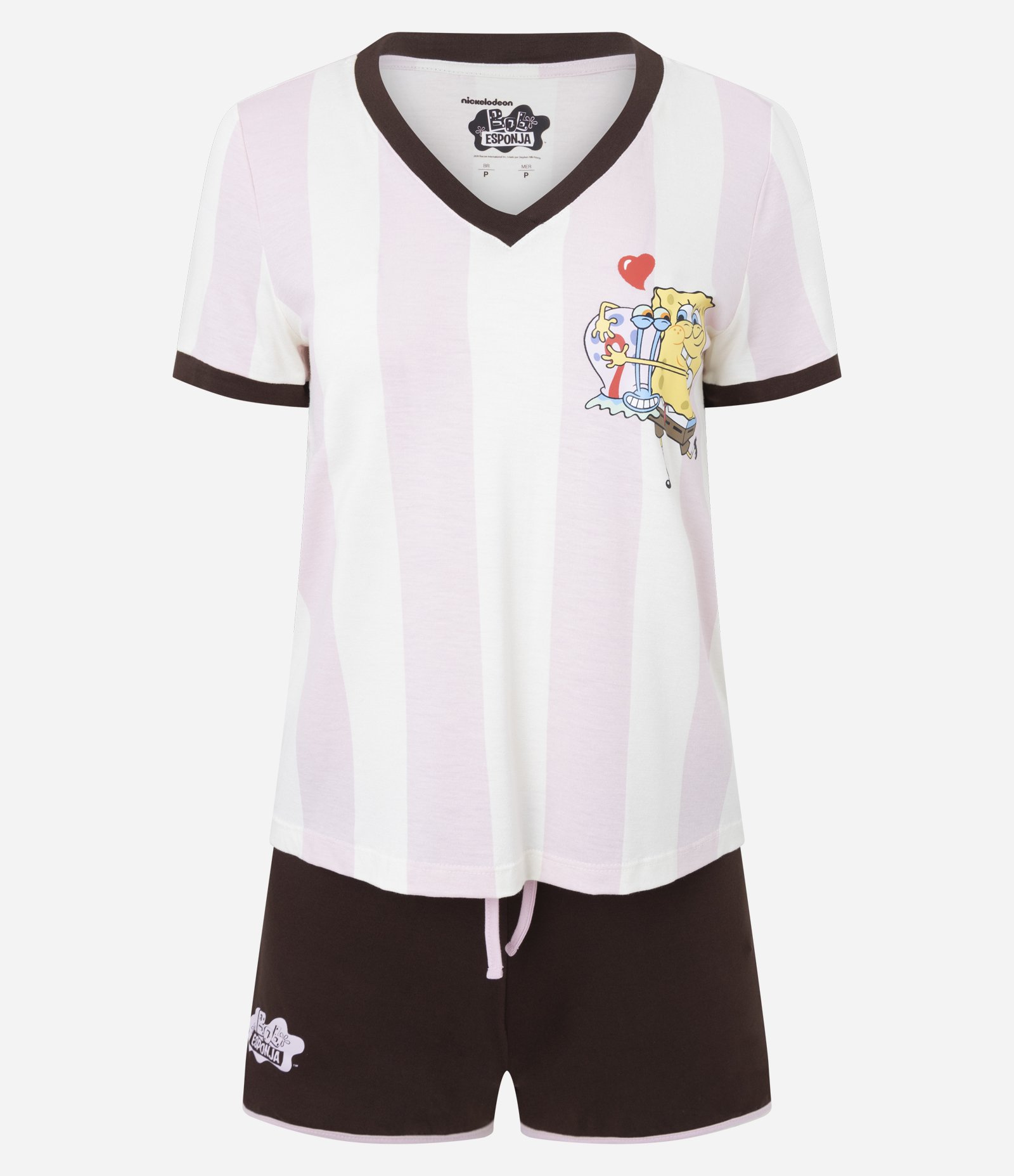 Pijama Curto em Viscolycra com Estampa de Listras e Bob Esponja Rosa/Branco/Marrom 1