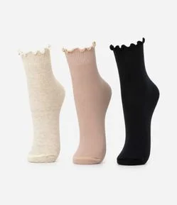Kit 03 Meias Cano Médio em Algodão com Punho Delicado