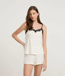 Pijama Curto em Viscose com Renda e Estampa Poá