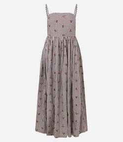 Vestido Longo Vichy com Poá e Decote Quadrado