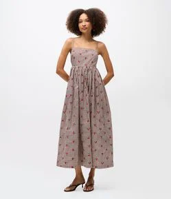 Vestido Longo Vichy com Poá e Decote Quadrado