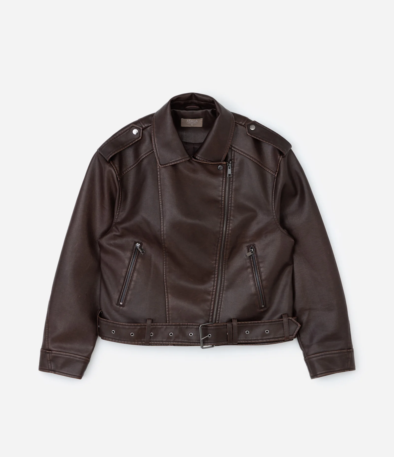 Jaqueta Biker em PU Lavado com Cinto Curve & Plus Size Marrom 1