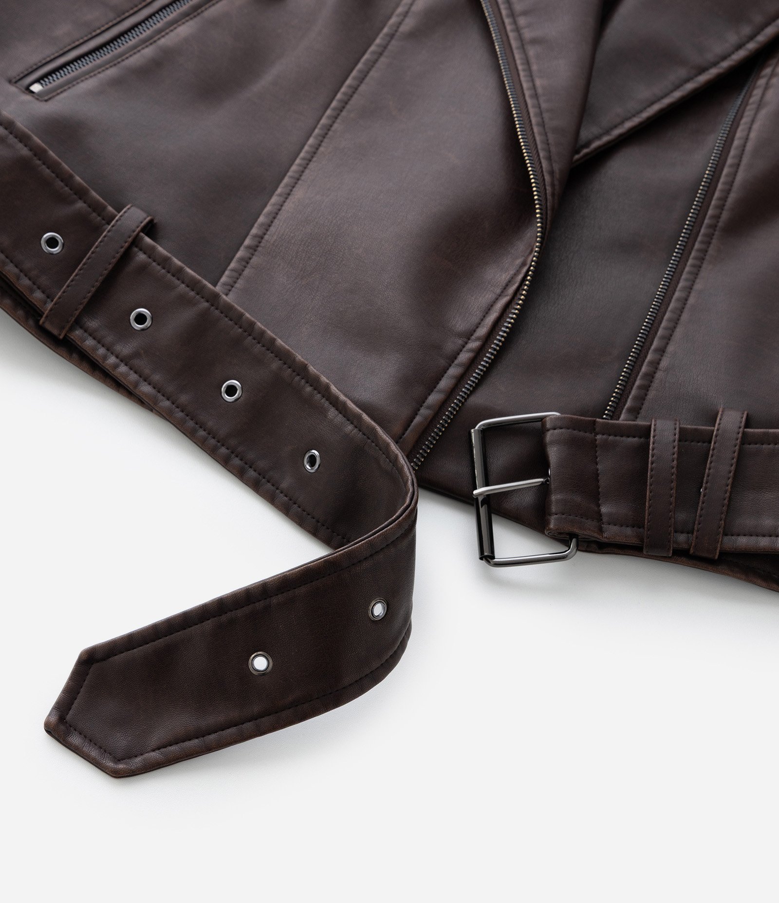 Jaqueta Biker em PU Lavado com Cinto Curve & Plus Size Marrom 6