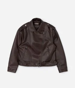 Jaqueta Biker em PU Lavado com Cinto Curve & Plus Size