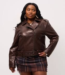 Jaqueta Biker em PU Lavado com Cinto Curve & Plus Size