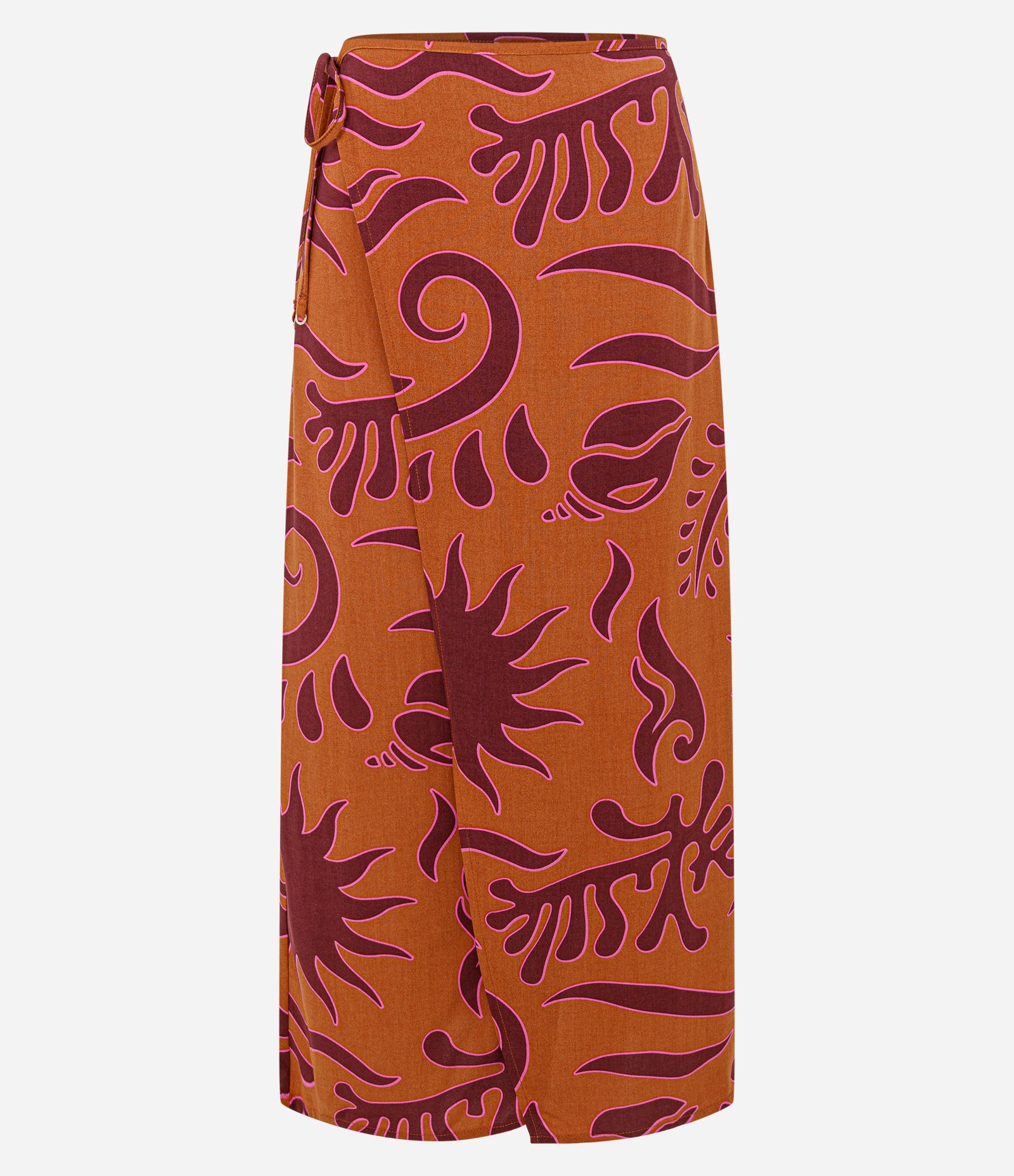 Saia Midi em Viscolinho Transpassada com Estampa Sun Longboard Laranja 1