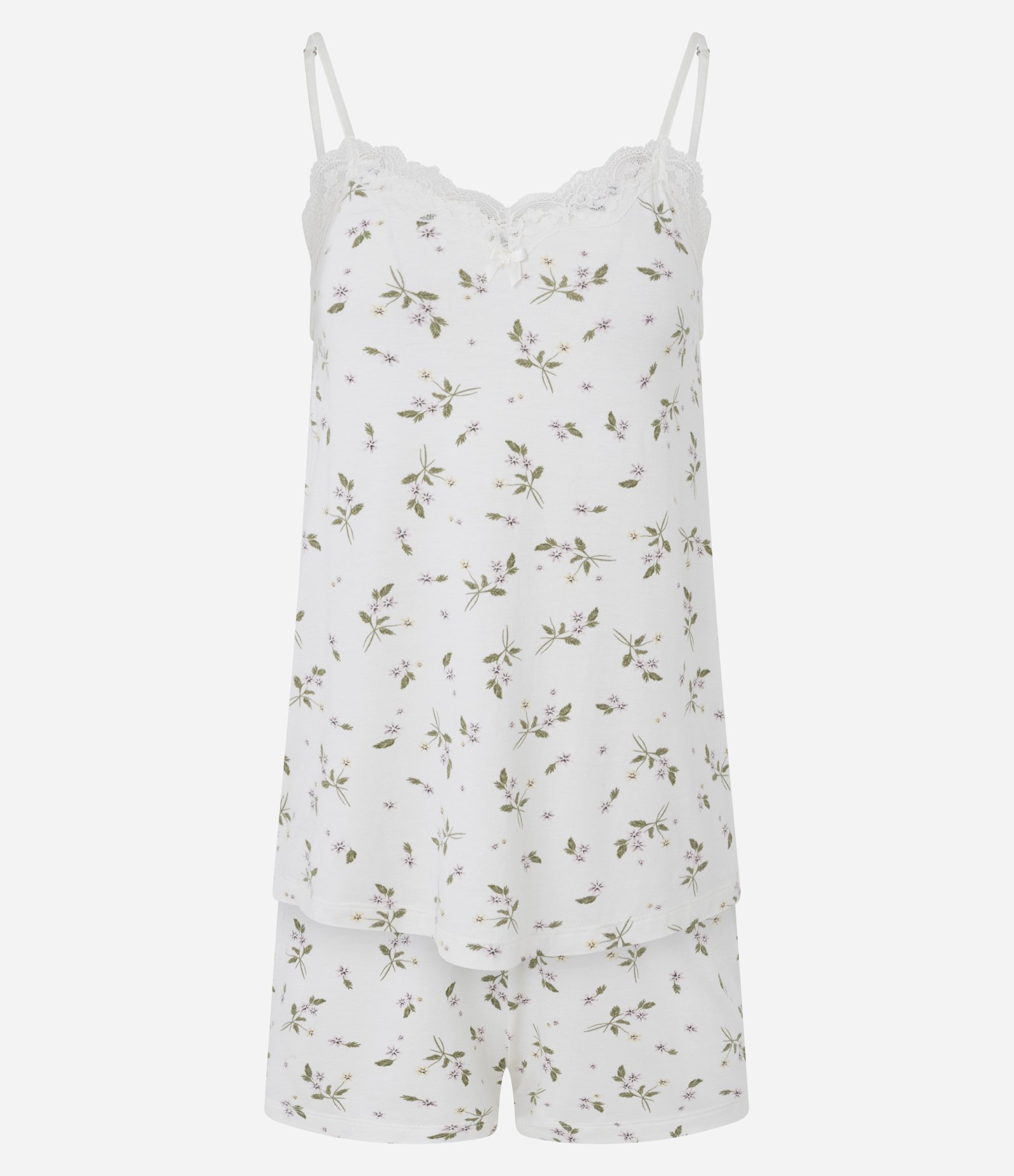 Pijama Curto em Viscose com Estampa Floral e Renda Branco 1