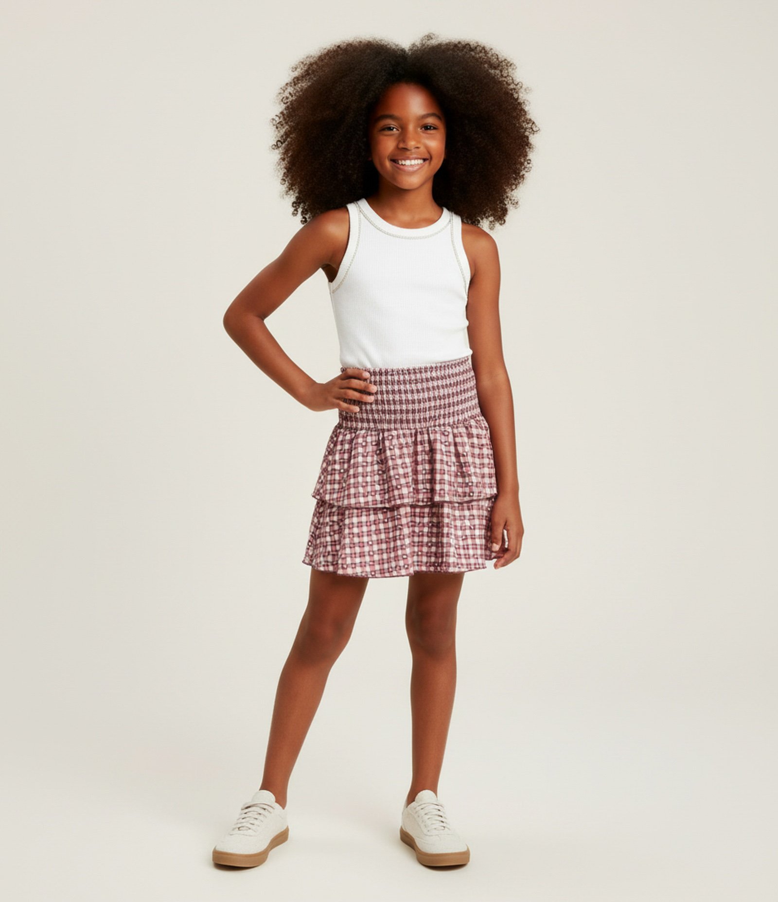 Saia Infantil Texturizada com Estampa Xadrez e Corações – Tam 7 a 14 Anos Vinho 1