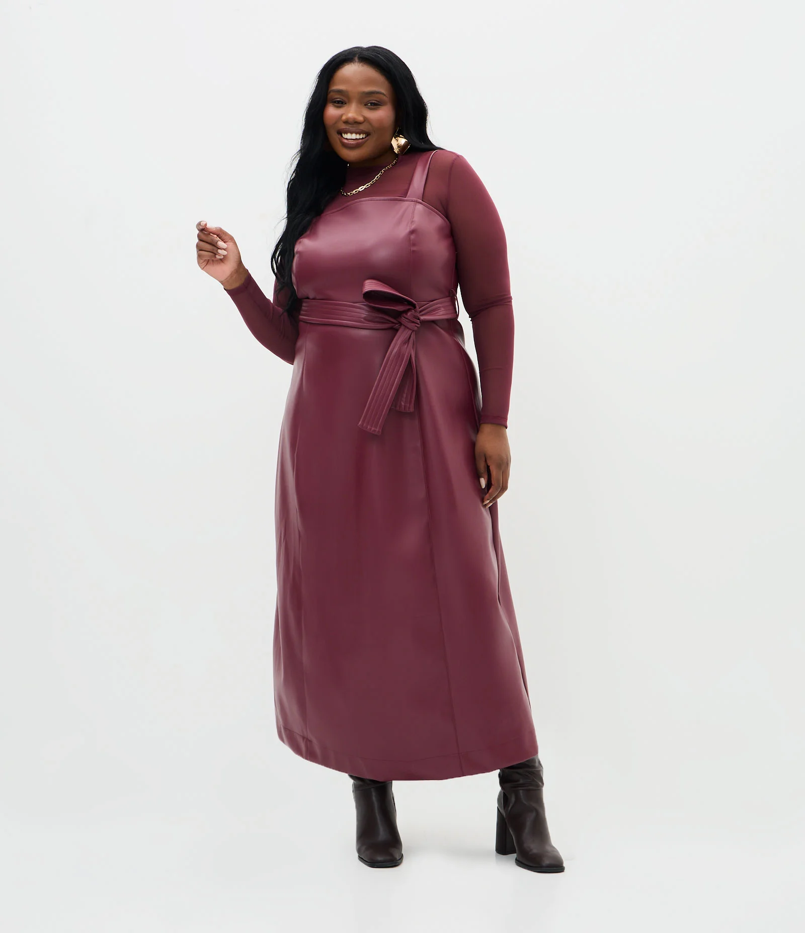 Vestido Midi em PU com Faixa na Cintura Curve & Plus Size Marrom 1