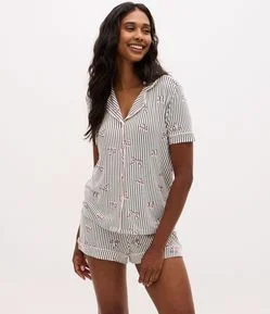 Pijama Short Doll em Viscolycra com Estampa Listrada e Laços