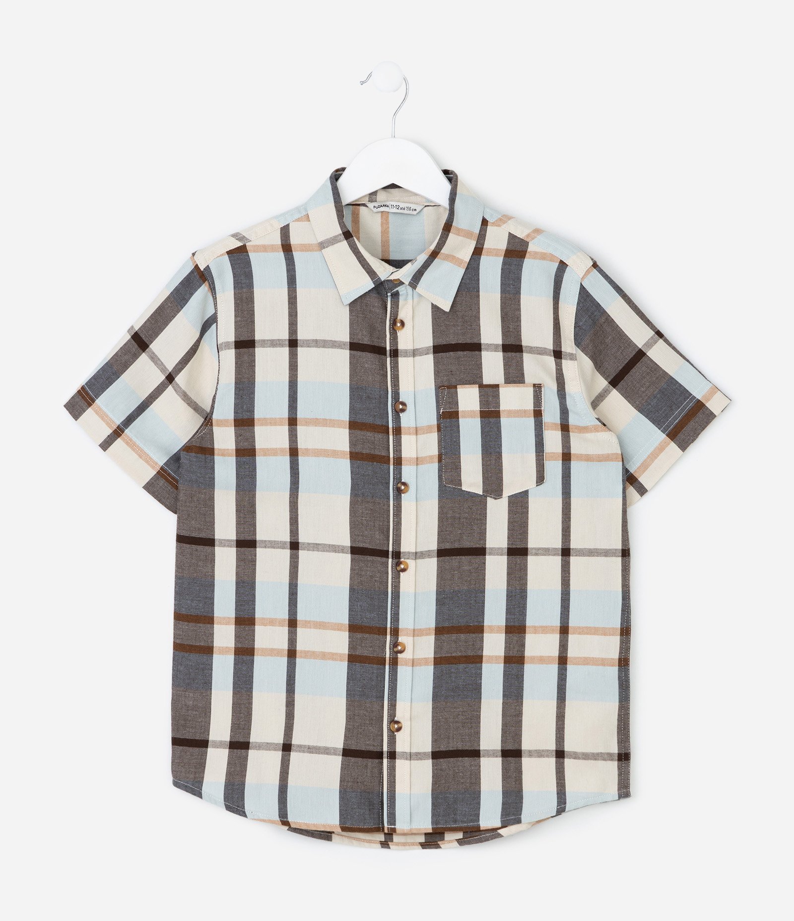 Camisa Manga Curta em Flanela Xadrez - Tam 5 a 14 Anos Bege 1