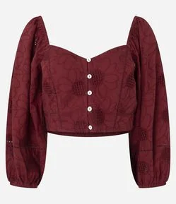 Blusa Manga Bufante em Laise com Decote Coração