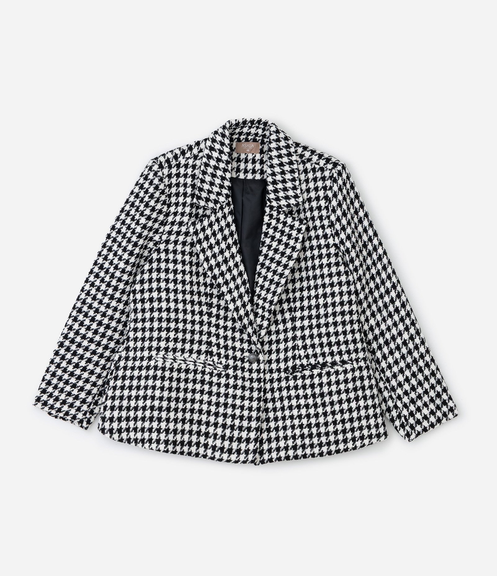 Blazer Tweed Xadrez com Abotoamento Simples Curve & Plus Size Preto 1