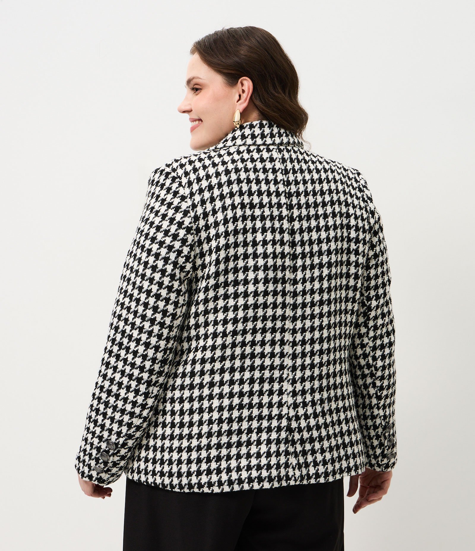 アトム 16aw tweed top coat Blazer Tweed Xadrez com Abotoamento Simples Curve & Plus Size Preto