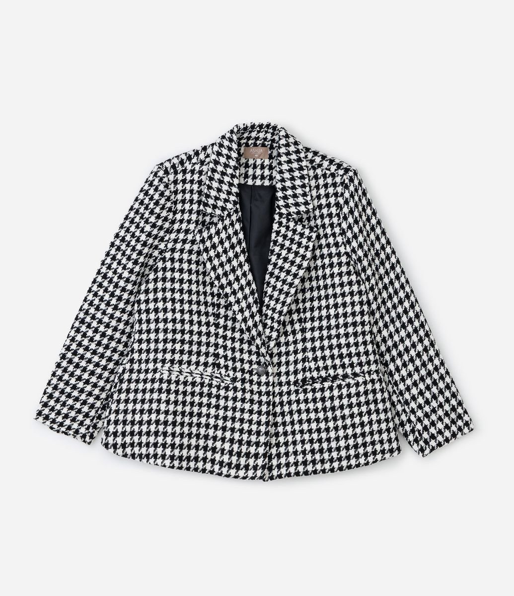 Blazer Tweed Xadrez com Abotoamento Simples Curve & Plus Size Preto