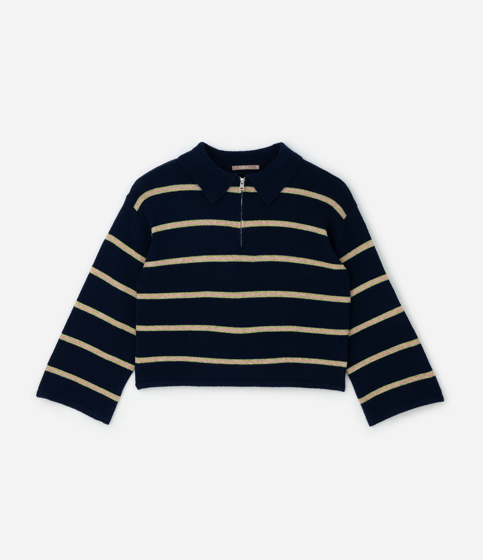 Suéter Listrado em Tricô com Gola Polo e Zíper Curve & Plus Size Azul 1