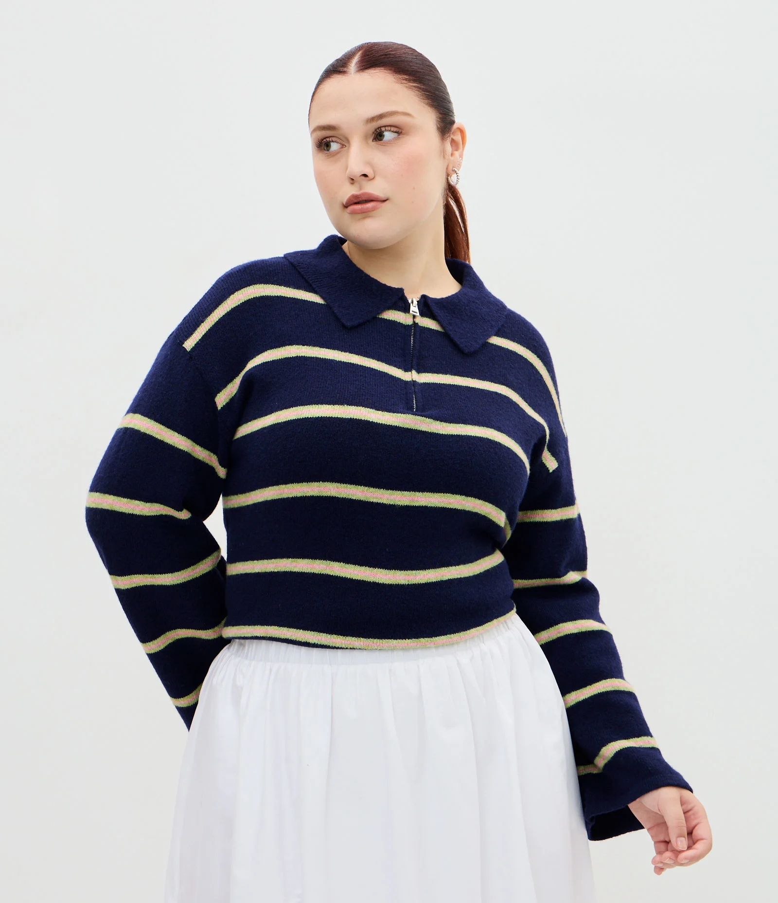 Suéter Listrado em Tricô com Gola Polo e Zíper Curve & Plus Size Azul 1