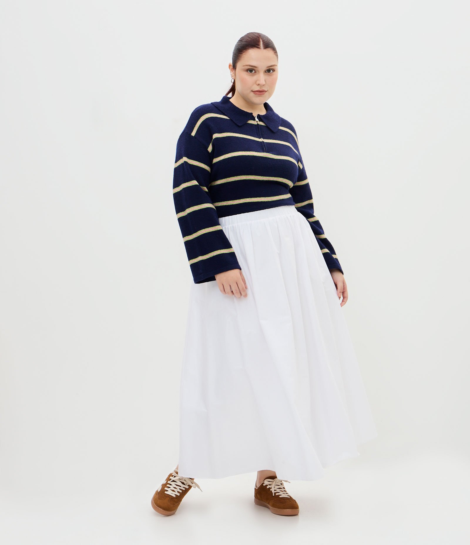 Suéter Listrado em Tricô com Gola Polo e Zíper Curve & Plus Size Azul 3