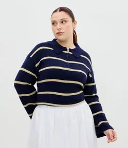 Suéter Listrado em Tricô com Gola Polo e Zíper Curve & Plus Size