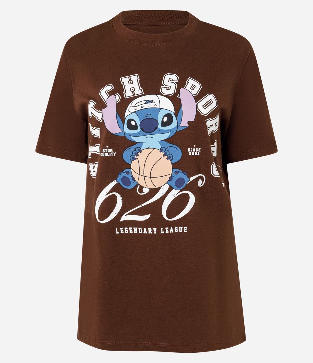 Camiseta em Algodão com Estampa Stitch Basquete Marrom