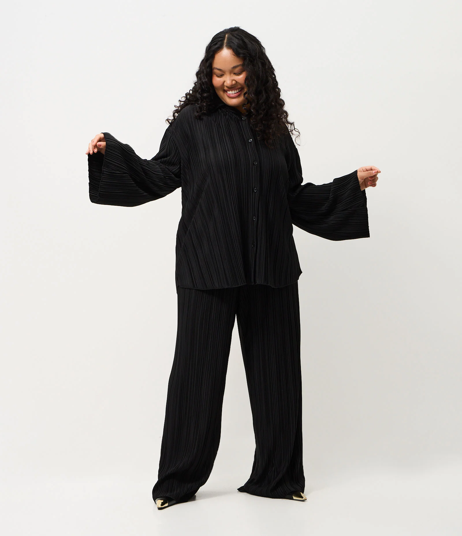 Calça Wide em Malha Canelada com Cós Elástico Curve & Plus Size Preto 1