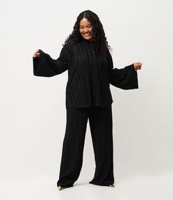 Calça Wide em Malha Canelada com Cós Elástico Curve & Plus Size